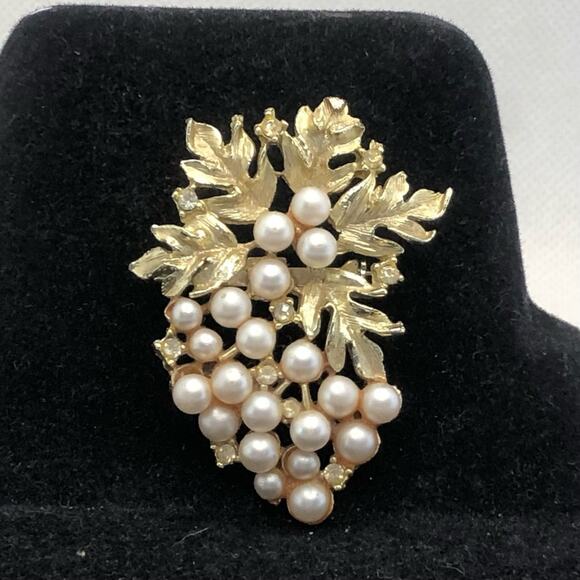 Vintage Mid-Century Amber Aurora Borealis Spray Brooch Pearl Flower Gold-Tone - Picture 1 of 7